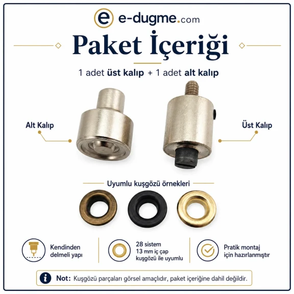 28 Numara Kuşgözü Kalıbı 13 mm İç Çap Kendinden Delmeli Kuşgözü Çakma Kalıbı KLP0028D, kumaşlar için pratik kuşgözü montaj