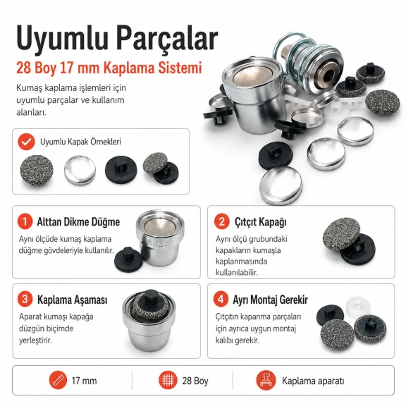 28 boy 17 mm kumaş kaplama düğme aparatı alttan dikme modeli, terzilik ve butik üretim için ideal