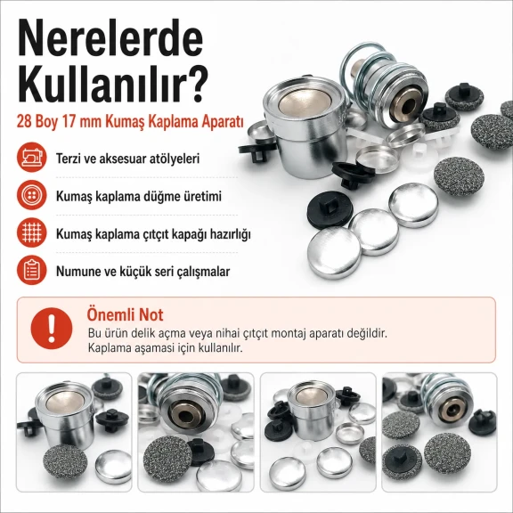 28 boy 17 mm kumaş kaplama düğme aparatı alttan dikme modeli, terzilik ve butik üretim için ideal