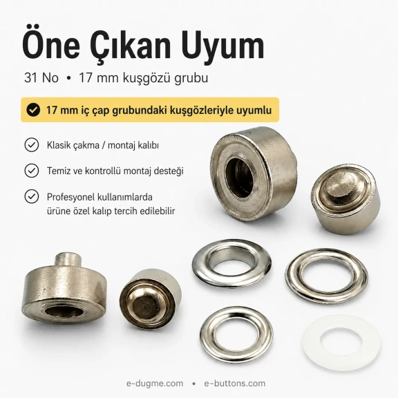 31 No Kuşgözü Kalıbı - 17 mm Kuşgözü Çakma Aparatı, kumaş ve deri montajı için ideal