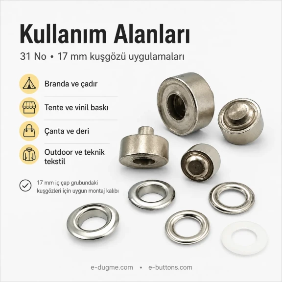 31 No Kuşgözü Kalıbı - 17 mm Kuşgözü Çakma Aparatı, kumaş ve deri montajı için ideal