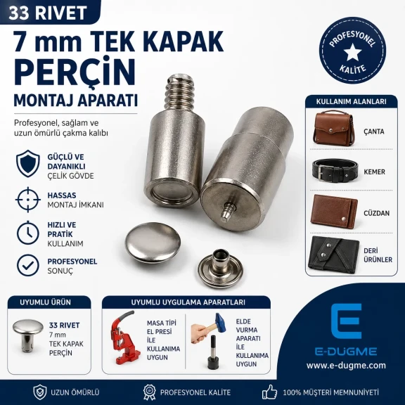 33 Perçin Montaj Aparatı - 7 mm Çaplı Tek Kapaklı Perçin Çakma Kalıbı KLP0033-7, çanta, kemer ve tekstil aksesuarlarında