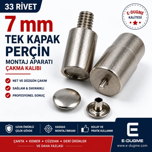 33 Perçin Montaj Aparatı - 7 mm Çaplı Tek Kapaklı Perçin Çakma Kalıbı KLP0033-7, çanta, kemer ve tekstil aksesuarlarında