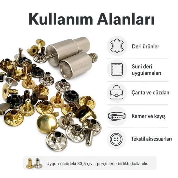 33,5 Çivili Perçin 9 mm Montaj Aparatı KLP00335, metal malzemeden üretilmiş, çanta ve tekstil uygulamaları için ideal perçin