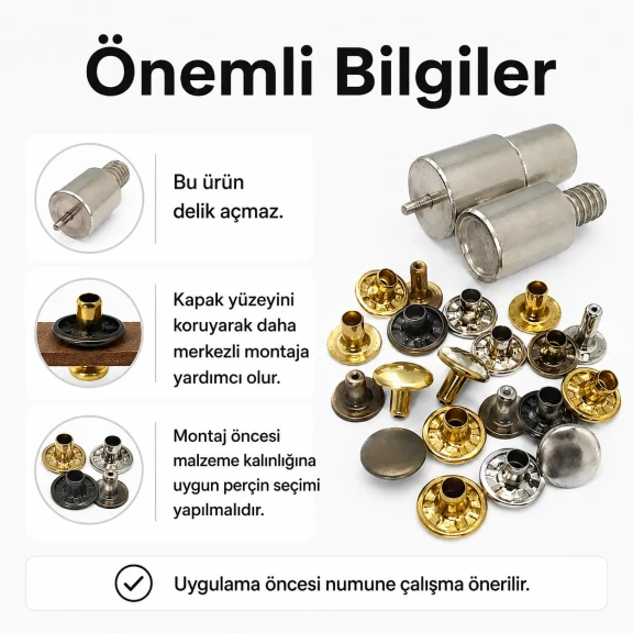 33,5 Çivili Perçin 9 mm Montaj Aparatı KLP00335, metal malzemeden üretilmiş, çanta ve tekstil uygulamaları için ideal perçin