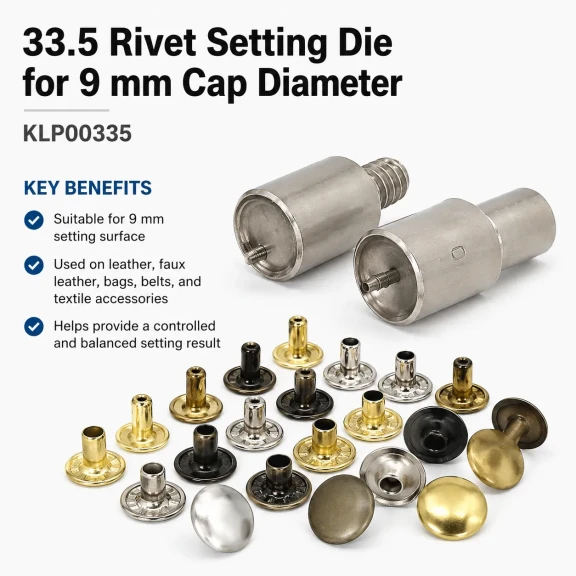 33,5 Çivili Perçin 9 mm Montaj Aparatı KLP00335, metal malzemeden üretilmiş, çanta ve tekstil uygulamaları için ideal perçin