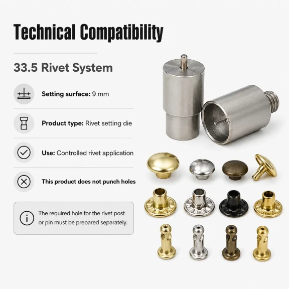 33,5 Çivili Perçin 9 mm Montaj Aparatı KLP00335, metal malzemeden üretilmiş, çanta ve tekstil uygulamaları için ideal perçin
