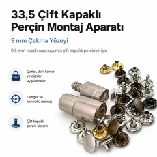 33,5 Çift Kapaklı Perçin Montaj Aparatı – 9 mm Çakma Yüzeyi, 9,5 mm Kapaklı Perçin İçin KLP00335CFT