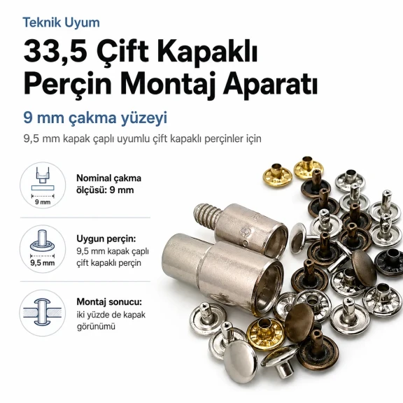 33,5 Çift Kapaklı Perçin Montaj Aparatı - 9 mm Çakma Yüzeyi, 9,5 mm Kapaklı Perçin İçin KLP00335CFT