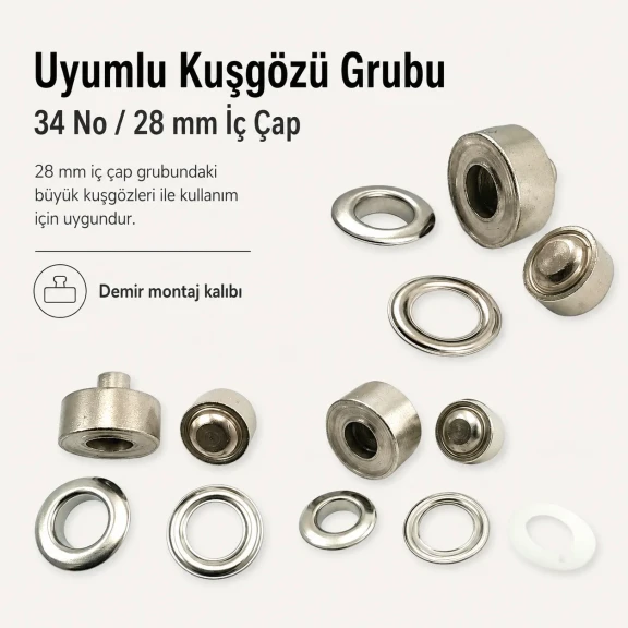 34 No Kuşgözü Kalıbı - 28 mm Kuşgözü Çakma Aparatı KLP0034, metal malzeme ile deri, kumaş ve branda gibi malzemelerde
