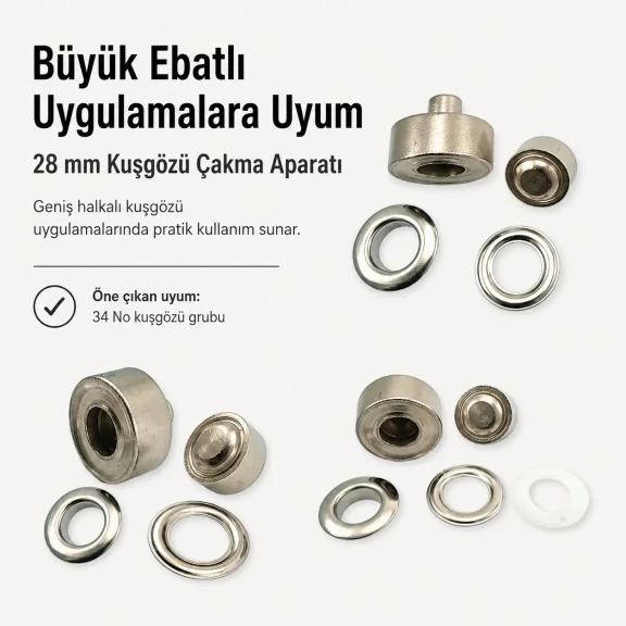 34 No Kuşgözü Kalıbı - 28 mm Kuşgözü Çakma Aparatı KLP0034, metal malzeme ile deri, kumaş ve branda gibi malzemelerde