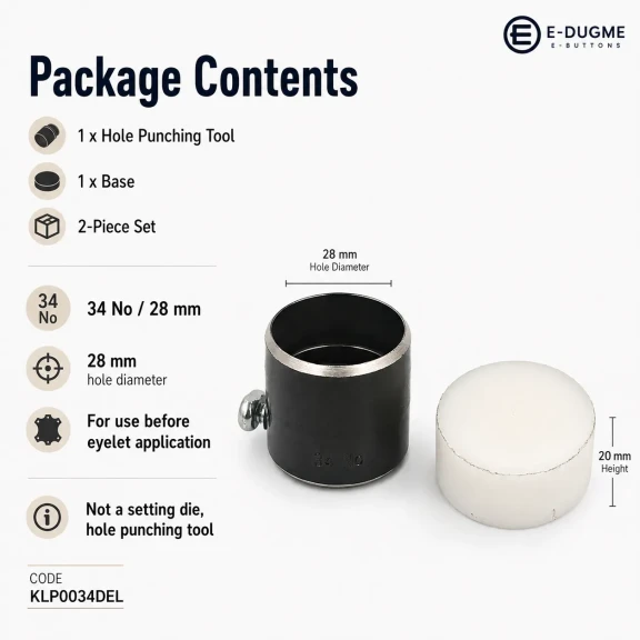 Eyelet Drilling Die 28 mm / 1.10 in KLP0034DEL for precise grommet mounting in textile products, bags, shoes, and accessories