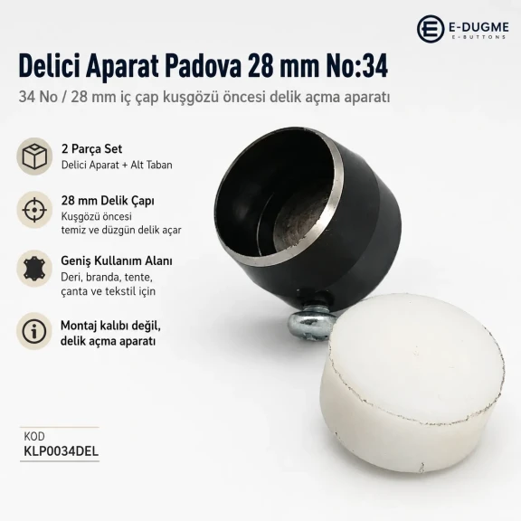 Eyelet Drilling Die 28 mm / 1.10 in KLP0034DEL for precise grommet mounting in textile products, bags, shoes, and accessories