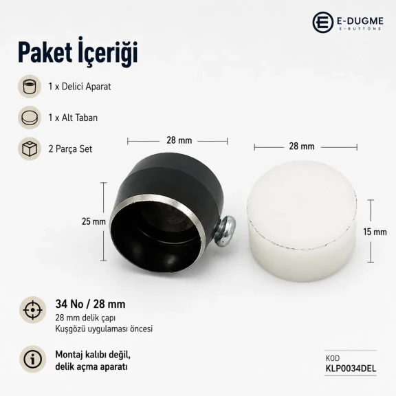 Eyelet Drilling Die 28 mm / 1.10 in KLP0034DEL for precise grommet mounting in textile products, bags, shoes, and accessories