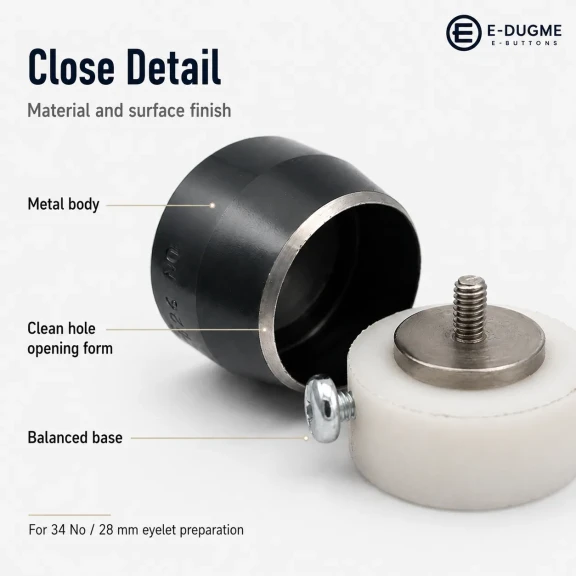 Eyelet Drilling Die 28 mm / 1.10 in KLP0034DEL for precise grommet mounting in textile products, bags, shoes, and accessories