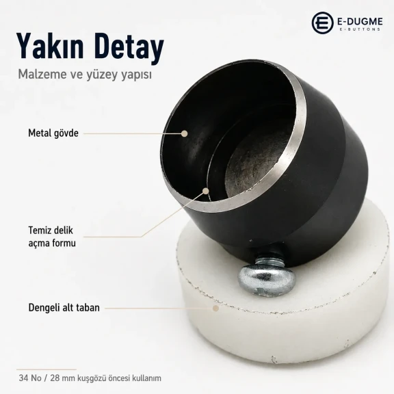 Eyelet Drilling Die 28 mm / 1.10 in KLP0034DEL for precise grommet mounting in textile products, bags, shoes, and accessories