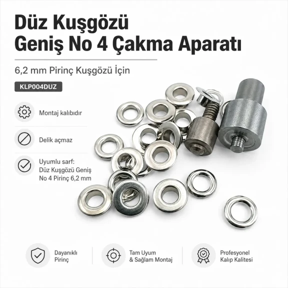 Düz Kuşgözü Geniş No 4 Çakma Aparatı - 6,2 mm Pirinç Kuşgözü, Dış Çap 13 mm, İç Çap 6,2 mm, Yükseklik 5 mm, Pul Ölçüleri Dış