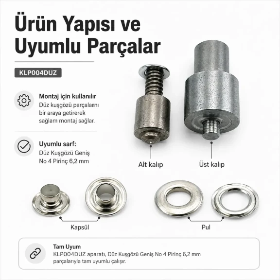 Düz Kuşgözü Geniş No 4 Çakma Aparatı - 6,2 mm Pirinç Kuşgözü, Dış Çap 13 mm, İç Çap 6,2 mm, Yükseklik 5 mm, Pul Ölçüleri Dış