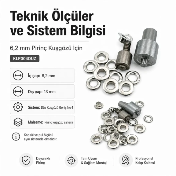 Düz Kuşgözü Geniş No 4 Çakma Aparatı - 6,2 mm Pirinç Kuşgözü, Dış Çap 13 mm, İç Çap 6,2 mm, Yükseklik 5 mm, Pul Ölçüleri Dış
