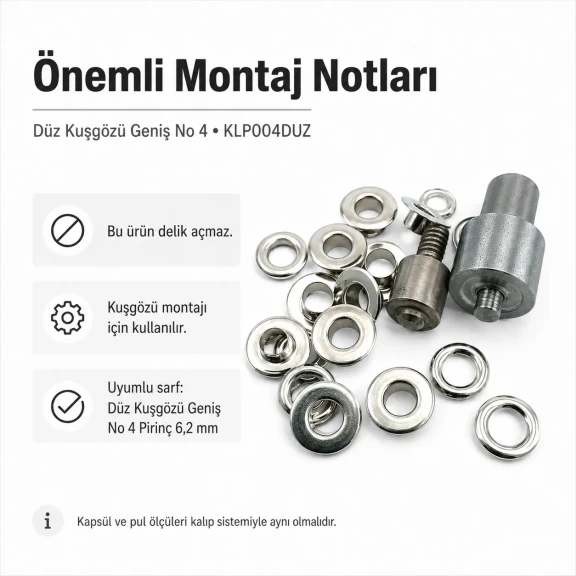 Düz Kuşgözü Geniş No 4 Çakma Aparatı - 6,2 mm Pirinç Kuşgözü, Dış Çap 13 mm, İç Çap 6,2 mm, Yükseklik 5 mm, Pul Ölçüleri Dış