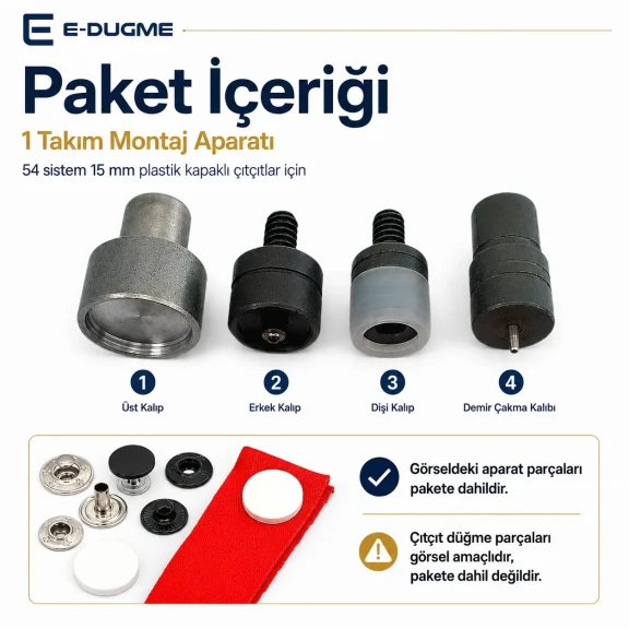 15 mm Plastik Kapaklı Çıtçıt Düğme Montaj Aparatı - 54 Sistem KLP0054-15, kumaş, deri ve tekstil aksesuarları için uygun