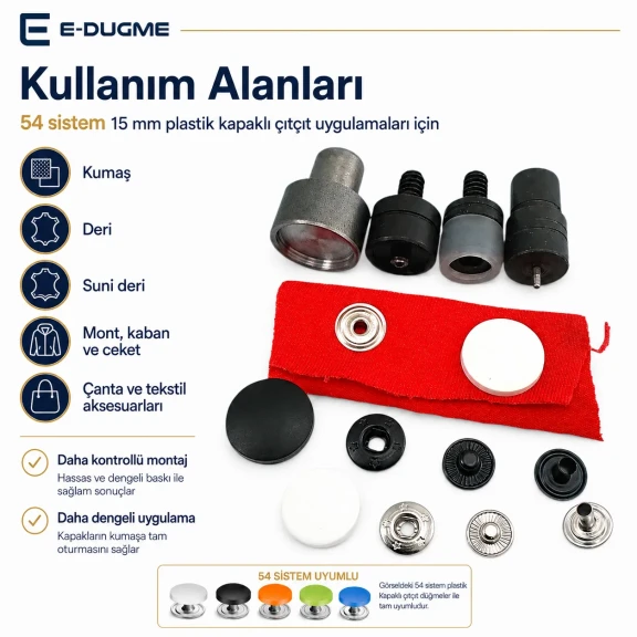 15 mm Plastik Kapaklı Çıtçıt Düğme Montaj Aparatı - 54 Sistem KLP0054-15, kumaş, deri ve tekstil aksesuarları için uygun