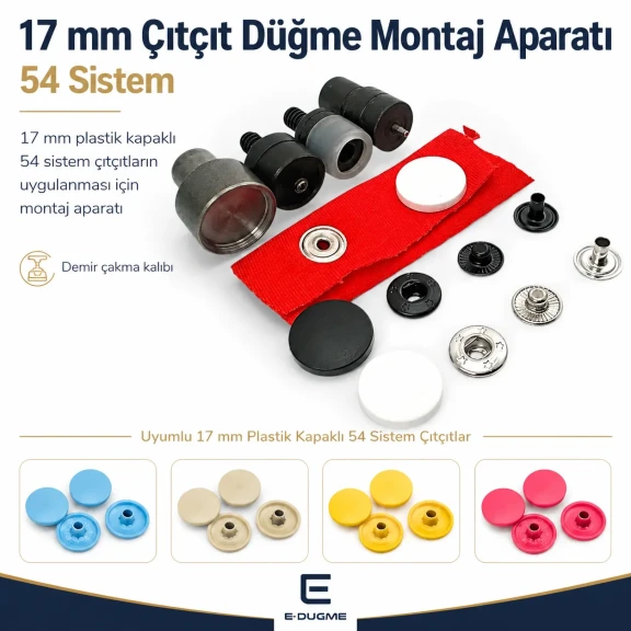 17 mm kapaklı çıtçıt düğme montaj aparatı, metal malzemeden üretilmiş, 54 sistem kalıp ile hızlı ve güvenilir montaj sağlar