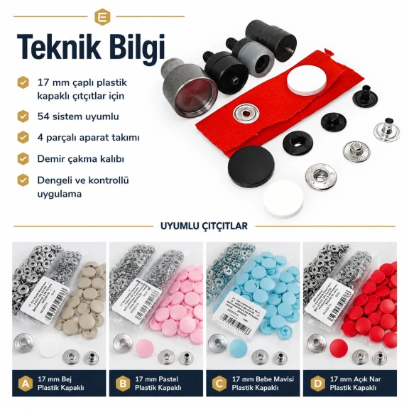 17 mm kapaklı çıtçıt düğme montaj aparatı, metal malzemeden üretilmiş, 54 sistem kalıp ile hızlı ve güvenilir montaj sağlar
