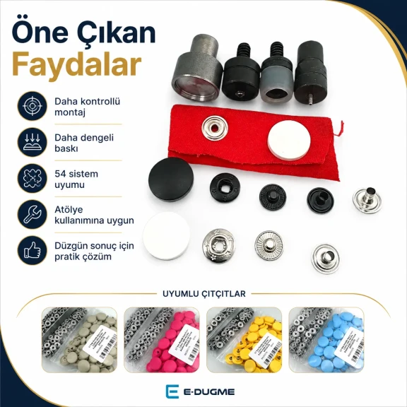 17 mm kapaklı çıtçıt düğme montaj aparatı, metal malzemeden üretilmiş, 54 sistem kalıp ile hızlı ve güvenilir montaj sağlar