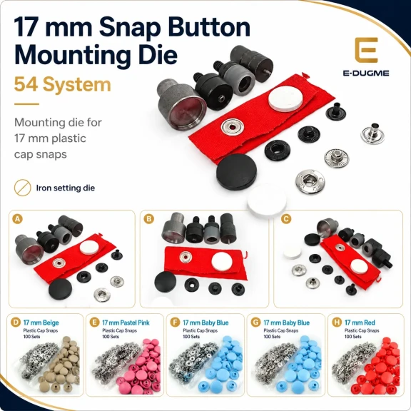 17 mm kapaklı çıtçıt düğme montaj aparatı, metal malzemeden üretilmiş, 54 sistem kalıp ile hızlı ve güvenilir montaj sağlar