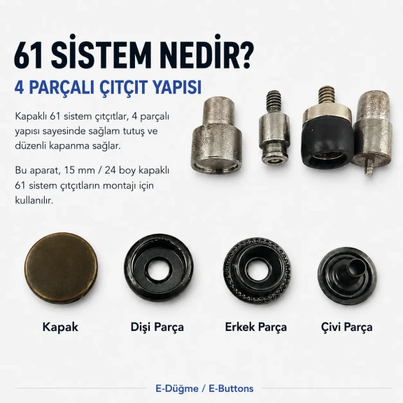15 mm Çıtçıt Kapaklı 61 Sistem Çıtçıt Düğme Montaj Aparatı KLP0061K15, hobi ve seri üretim için ideal montaj aparatı
