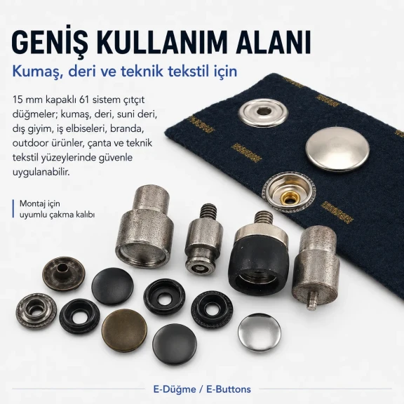 15 mm Çıtçıt Kapaklı 61 Sistem Çıtçıt Düğme Montaj Aparatı KLP0061K15, hobi ve seri üretim için ideal montaj aparatı