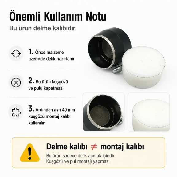 66 No Kuşgözü Delme Kalıbı - 40 mm Kuşgözü Delik Açma Aparatı, montaj işlemleri için ideal, dayanıklı malzeme ile