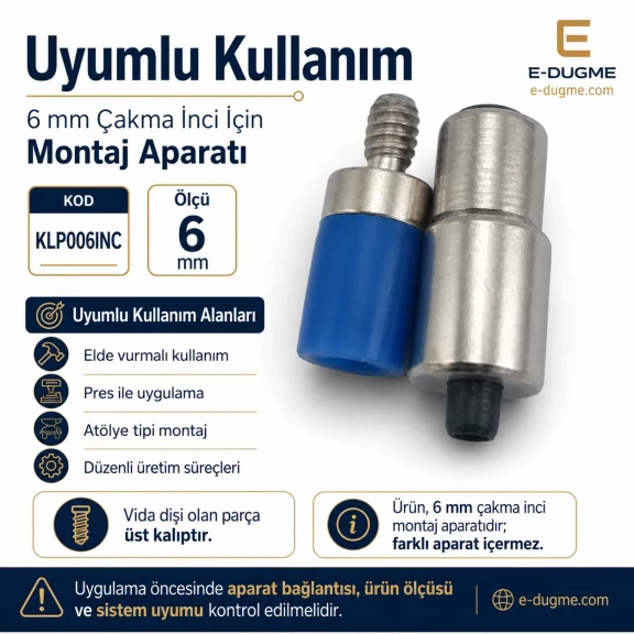 6 mm çakma inci montaj aparatı, demir malzemeden üretilmiş, endüstriyel kullanım için ideal