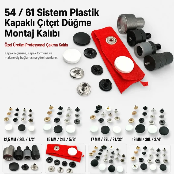 54 sistem plastik kapaklı çıtçıt düğme montaj kalıbı, yüksek kaliteli metal ve plastik malzemeden üretilmiştir, tekstil ve