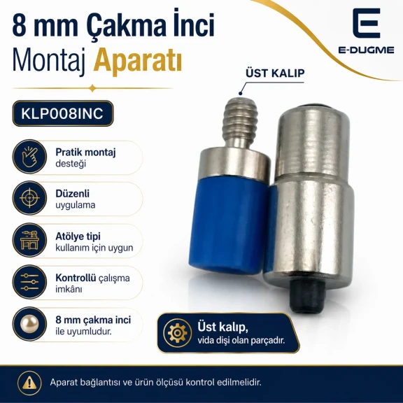 8 mm çakma inci montaj aparatı, demir malzemeden üretilmiş, endüstriyel kullanım için ideal, kalıp ve montaj aparatı