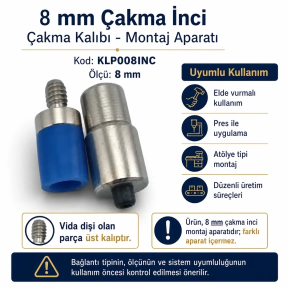 8 mm çakma inci montaj aparatı, demir malzemeden üretilmiş, endüstriyel kullanım için ideal, kalıp ve montaj aparatı