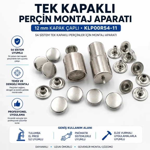 Tek Kapaklı Perçin Montaj Aparatı – 12 mm Kapak Çaplı KLP00R54-11, 9,5 mm çakma kalıbı ile kapaklı perçinlerin montajı için