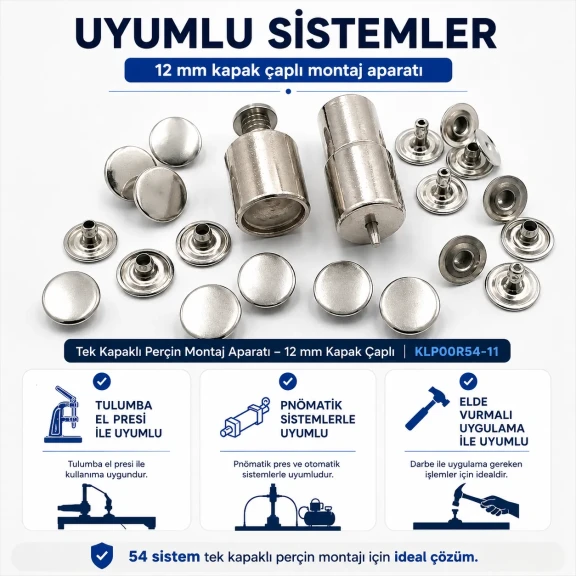 Tek Kapaklı Perçin Montaj Aparatı – 12 mm Kapak Çaplı KLP00R54-11, 9,5 mm çakma kalıbı ile kapaklı perçinlerin montajı için