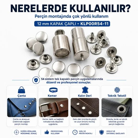 Tek Kapaklı Perçin Montaj Aparatı – 12 mm Kapak Çaplı KLP00R54-11, 9,5 mm çakma kalıbı ile kapaklı perçinlerin montajı için