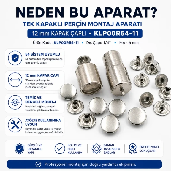 Tek Kapaklı Perçin Montaj Aparatı – 12 mm Kapak Çaplı KLP00R54-11, 9,5 mm çakma kalıbı ile kapaklı perçinlerin montajı için