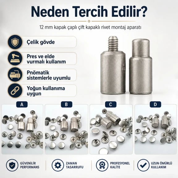 Çift Kapaklı Perçin Montaj Aparatı – 12 mm Kapak Çaplı KLP00R54-11CFT, çelik gövdeli, çanta, deri, kemer ve tekstil