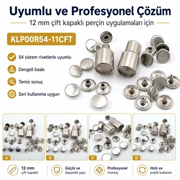 Çift Kapaklı Perçin Montaj Aparatı – 12 mm Kapak Çaplı KLP00R54-11CFT, çelik gövdeli, çanta, deri, kemer ve tekstil