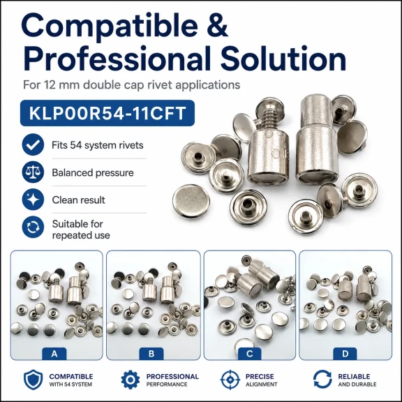 Çift Kapaklı Perçin Montaj Aparatı – 12 mm Kapak Çaplı KLP00R54-11CFT, çelik gövdeli, çanta, deri, kemer ve tekstil