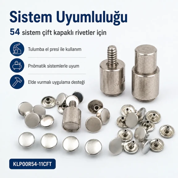 Çift Kapaklı Perçin Montaj Aparatı – 12 mm Kapak Çaplı KLP00R54-11CFT, çelik gövdeli, çanta, deri, kemer ve tekstil