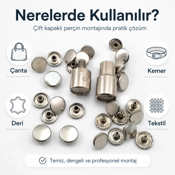 Çift Kapaklı Perçin Montaj Aparatı – 12 mm Kapak Çaplı KLP00R54-11CFT, çelik gövdeli, çanta, deri, kemer ve tekstil