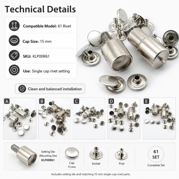 61 Rivet 15 mm Kapak Tek Kapaklı Perçin Montaj Aparatı - Çakma Kalıbı KLP00R61, çanta, kemer ve deri ürünleri için özel