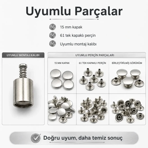 61 Rivet 15 mm Kapak Tek Kapaklı Perçin Montaj Aparatı - Çakma Kalıbı KLP00R61, çanta, kemer ve deri ürünleri için özel