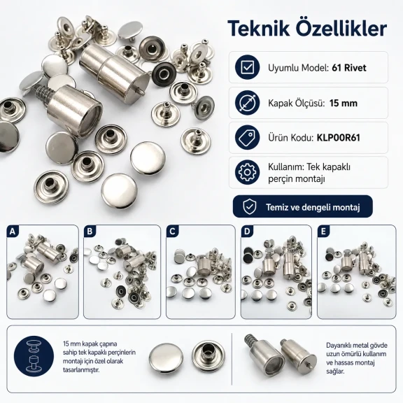 61 Rivet 15 mm Kapak Tek Kapaklı Perçin Montaj Aparatı - Çakma Kalıbı KLP00R61, çanta, kemer ve deri ürünleri için özel