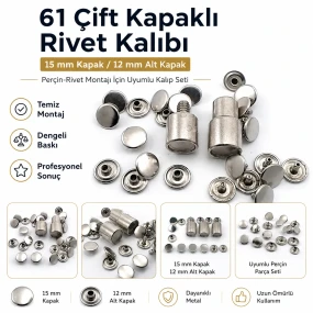 61 Çift Kapaklı Rivet 15 mm Kapak / 12 mm Alt Kapak Perçin Montaj Aparatı – Çakma Kalıbı KLP00R61CFT